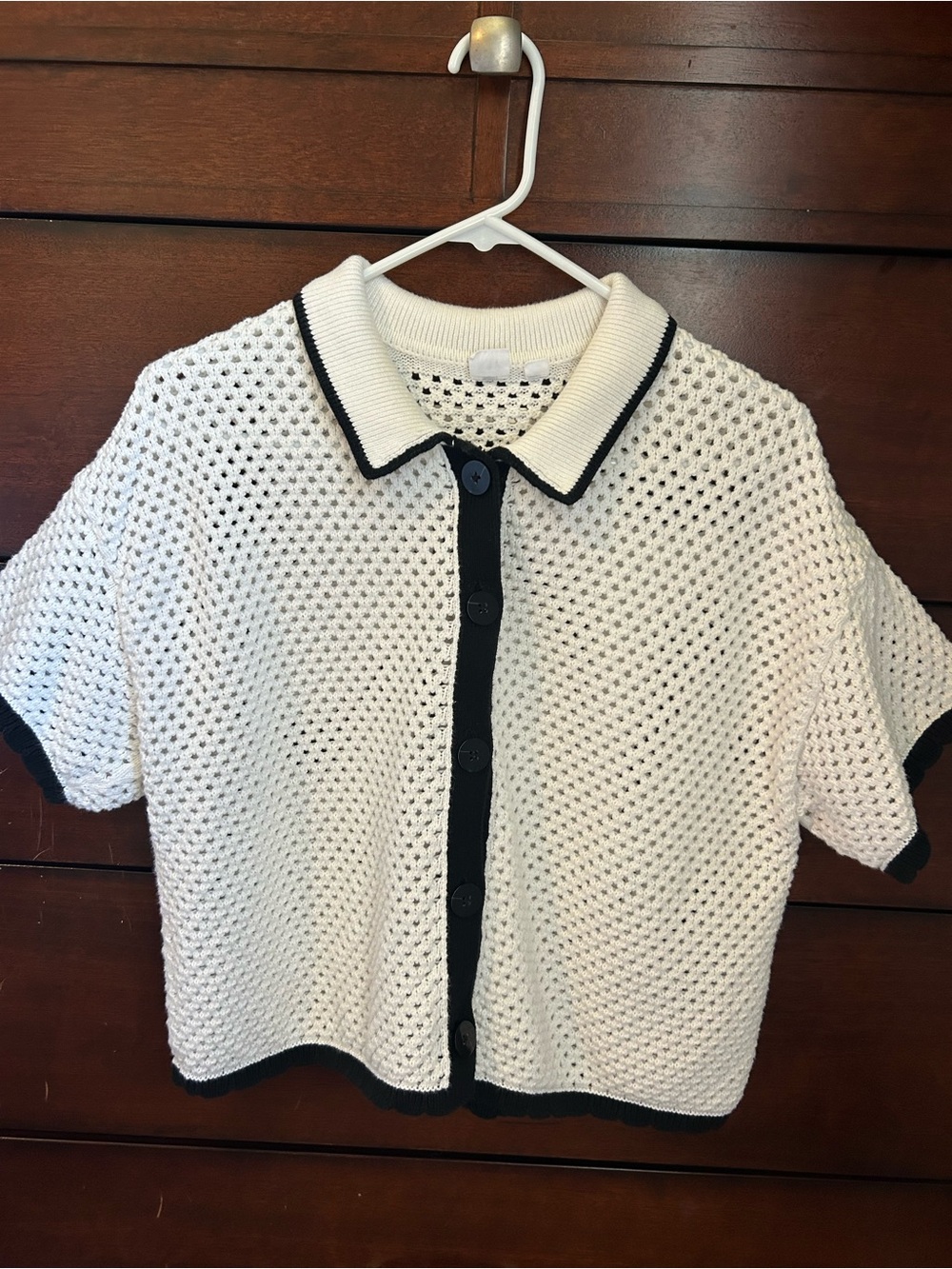 GAP White Open-Knit Button Down Top with Black Trim